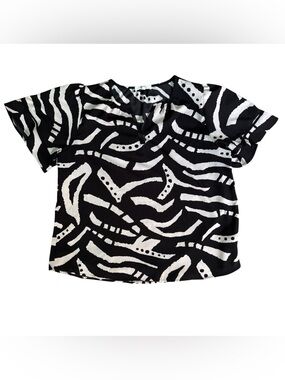 Beacon Apparel Crochet Trim Blouse Women's XL Beige & Black Geometric Print EUC